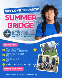 Summer Bridge 2026 Flyer with photos of students and our school building